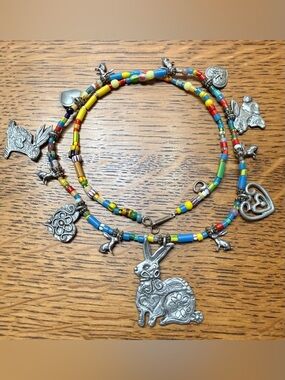 Bunnies hearts on old vintage trade beads necklace. Collectible & wearable Marie